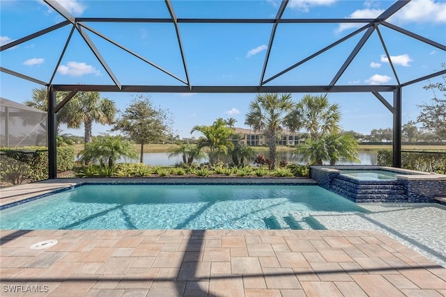 view of swimming pool featuring a water view, an in ground hot tub, a patio, and a lanai