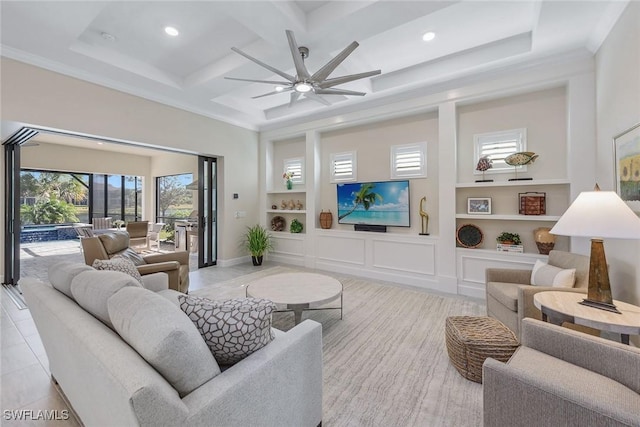 2720 Amaranda Ct, Naples, FL 34114 - living room with beamed ceiling, coffered ceiling, ceiling fan, crown molding, and built in shelves