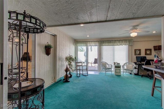 interior space with carpet flooring, recessed lighting, and ceiling fan