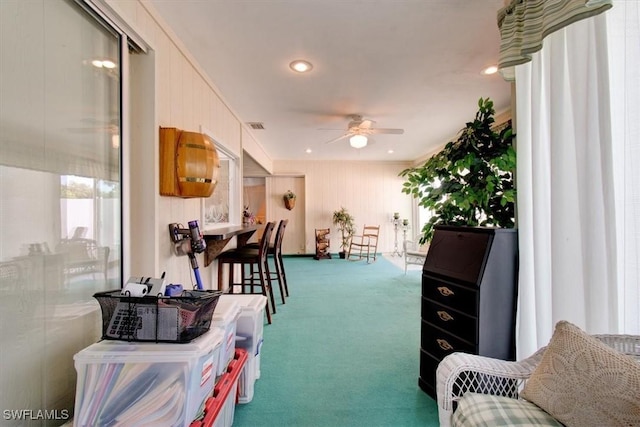 interior space with recessed lighting, visible vents, carpet, and ceiling fan