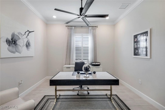 office space featuring ceiling fan, light tile patterned floors, and crown molding