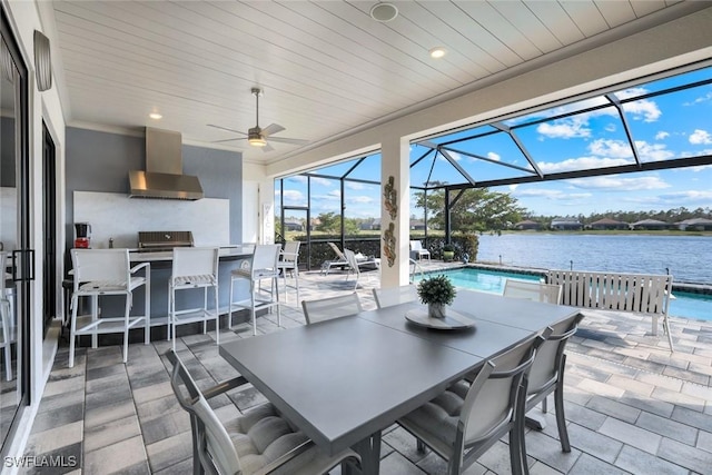 interior space with wooden ceiling, a water view, and ceiling fan