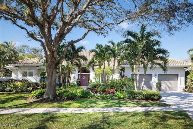 mediterranean / spanish house with a garage and a front lawn