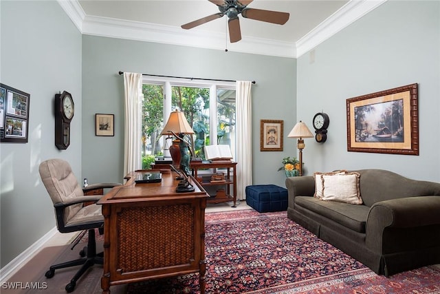 office space with ornamental molding and ceiling fan