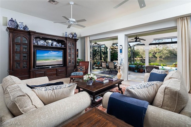 living room featuring ceiling fan