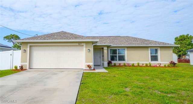 single story home featuring a garage and a front yard