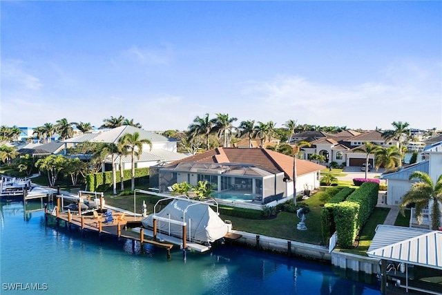 dock area featuring a water view and a lanai