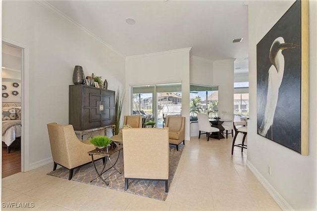 tiled living room with crown molding