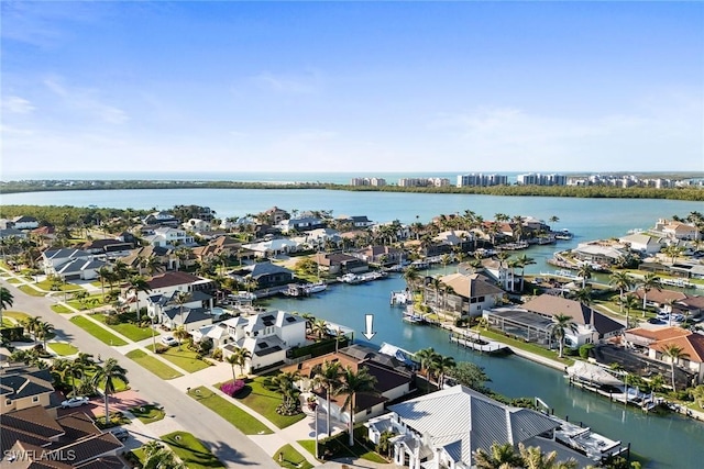 drone / aerial view featuring a water view