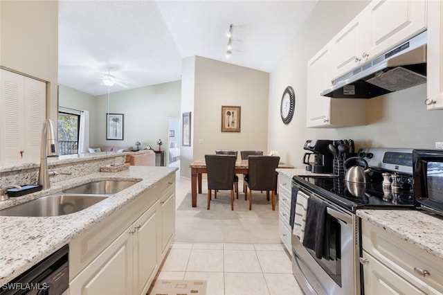 kitchen featuring a sink, dishwasher, under cabinet range hood, light tile patterned floors, and stainless steel electric stove