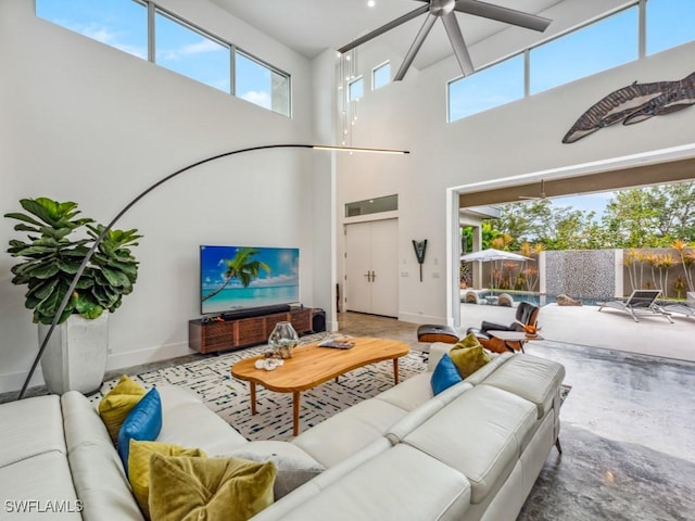 living room with a high ceiling