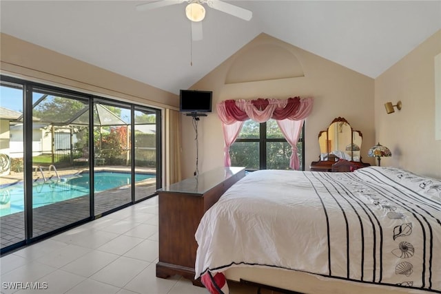 bedroom with ceiling fan, access to exterior, and vaulted ceiling