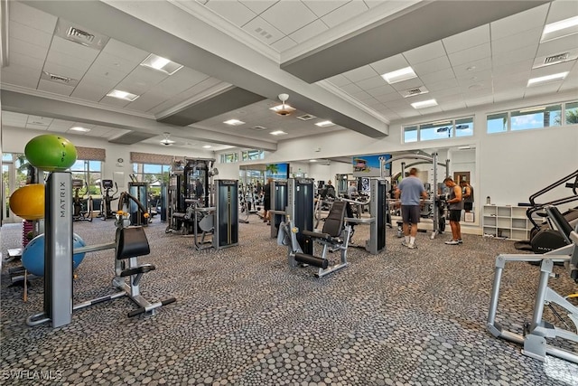 exercise room with ornamental molding and a drop ceiling