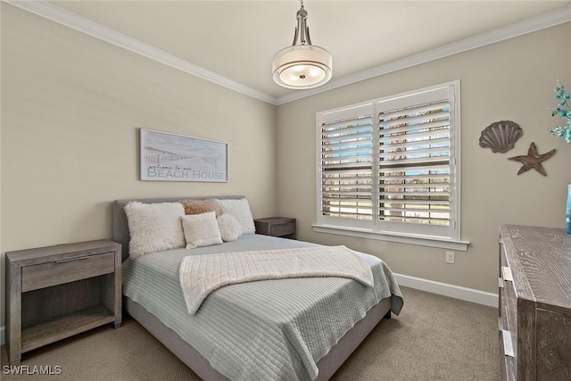 carpeted bedroom featuring ornamental molding