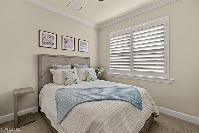 bedroom featuring ornamental molding and carpet flooring