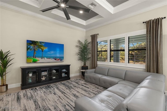 living room featuring coffered ceiling, crown molding, ceiling fan, beam ceiling, and hardwood / wood-style floors