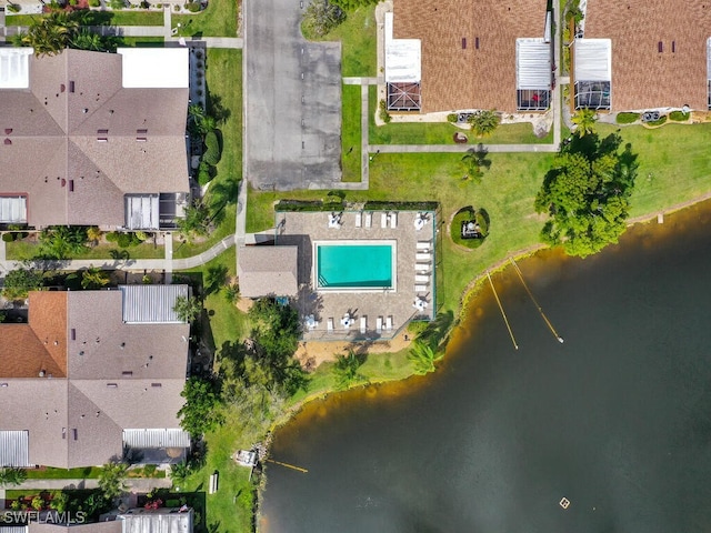 drone / aerial view featuring a water view