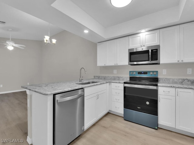 kitchen with a peninsula, appliances with stainless steel finishes, white cabinets, and a sink