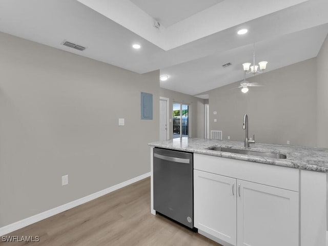 kitchen featuring a sink, visible vents, baseboards, white cabinets, and dishwasher