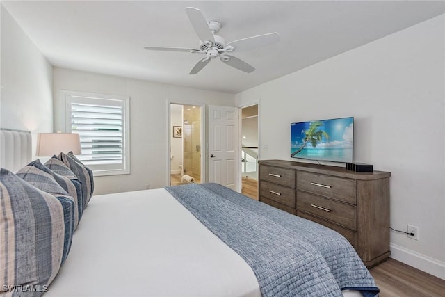 bedroom featuring ceiling fan, connected bathroom, and light wood-type flooring