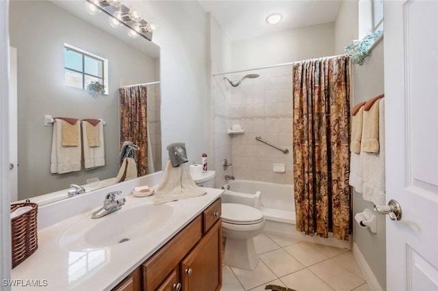 full bath with vanity, shower / tub combo, tile patterned flooring, and toilet