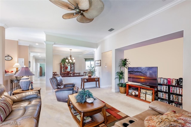 living area featuring carpet flooring, visible vents, baseboards, ornate columns, and crown molding