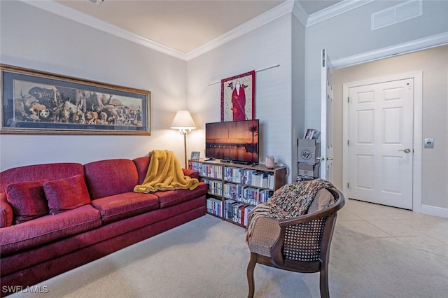 living area featuring baseboards, visible vents, carpet, tile patterned flooring, and crown molding