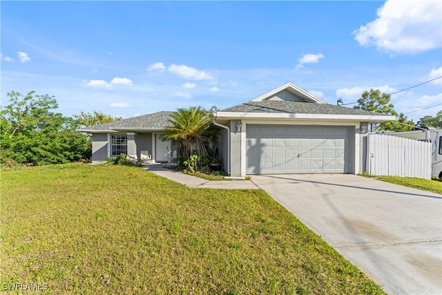 ranch-style house featuring stucco siding, concrete driveway, a front yard, fence, and a garage