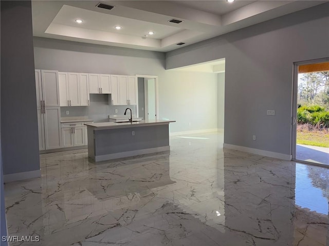 kitchen featuring a raised ceiling, a kitchen island with sink, sink, and white cabinets