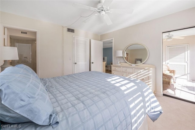 bedroom featuring light colored carpet and ceiling fan