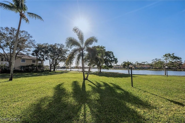 view of home's community with a yard and a water view