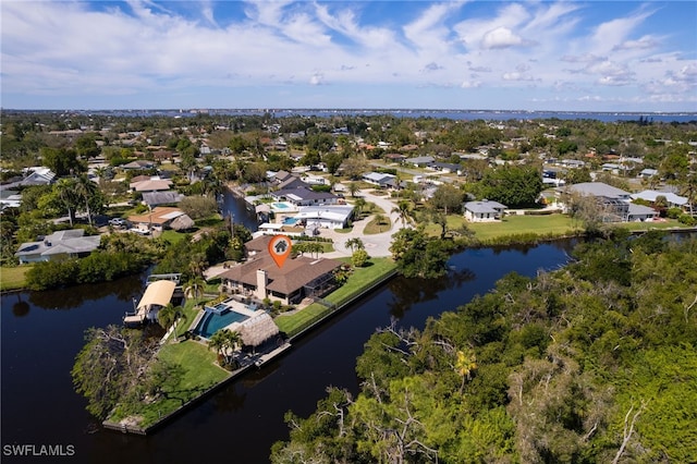 aerial view with a water view and a residential view