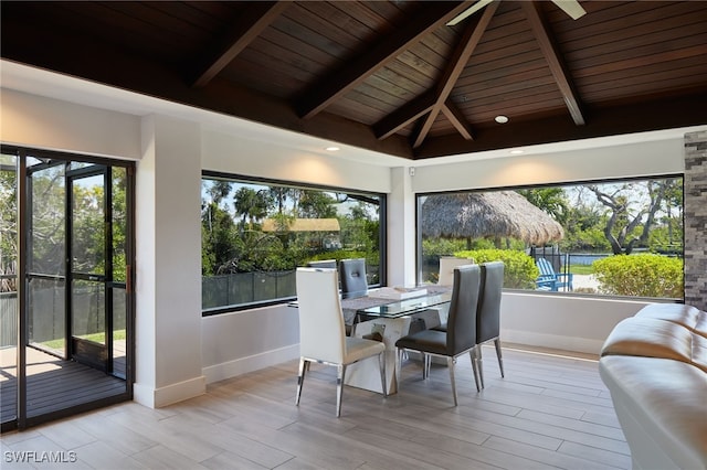 sunroom / solarium with wood ceiling and vaulted ceiling with beams