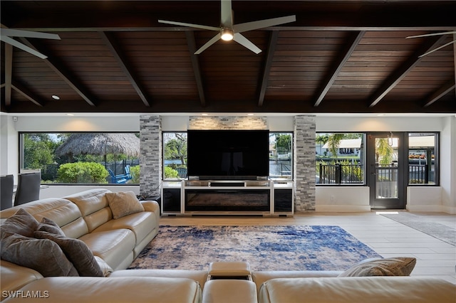 living area featuring lofted ceiling with beams, ceiling fan, wood finished floors, and wood ceiling