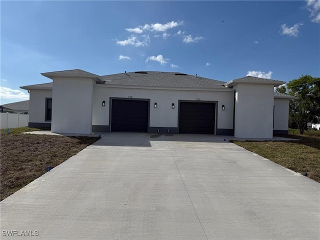 view of front of house featuring a garage, concrete driveway, fence, and stucco siding