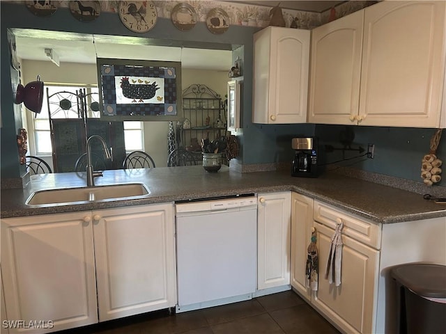 kitchen with sink, white cabinetry, white dishwasher, dark tile patterned flooring, and kitchen peninsula