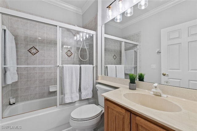 full bathroom featuring ornamental molding, vanity, shower / bath combination with glass door, and toilet