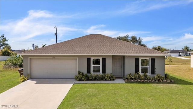 ranch-style house featuring a garage, driveway, roof with shingles, stucco siding, and a front yard