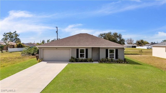 ranch-style home featuring a garage, driveway, a front lawn, and stucco siding