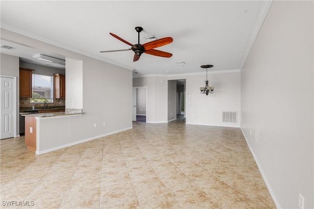 unfurnished living room featuring ornamental molding, sink, and ceiling fan with notable chandelier