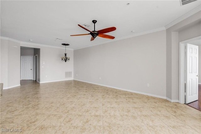 tiled empty room featuring crown molding and ceiling fan with notable chandelier