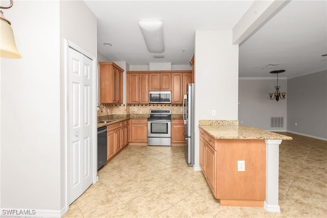 kitchen featuring appliances with stainless steel finishes, sink, backsplash, hanging light fixtures, and kitchen peninsula