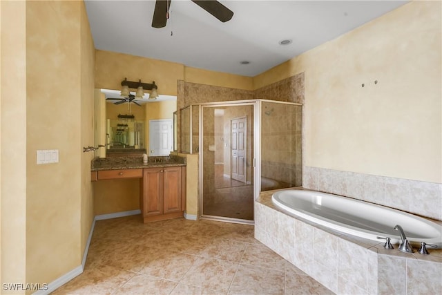 bathroom with ceiling fan, vanity, separate shower and tub, and tile patterned flooring