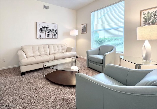 living area with carpet, visible vents, and baseboards