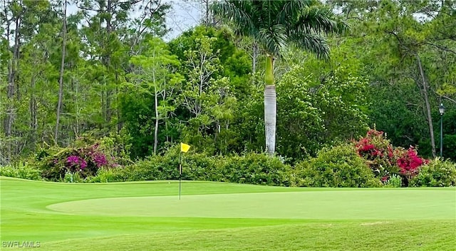 view of property's community with view of golf course and a yard