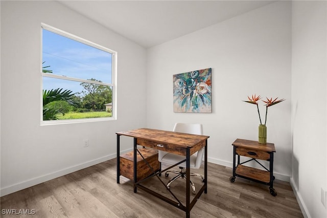 home office with hardwood / wood-style flooring