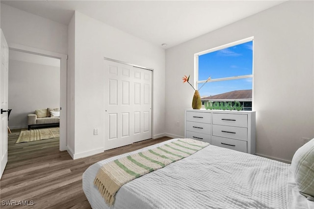 bedroom with dark hardwood / wood-style floors and a closet