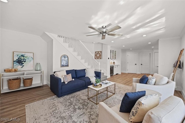 4611 Crayton Rd, Naples, FL 34103 - living room with stairway, wood finished floors, recessed lighting, a ceiling fan, and baseboards