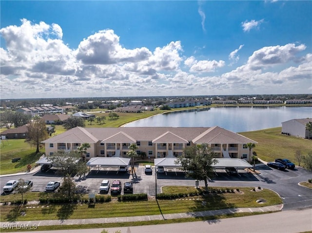 aerial view featuring a water view