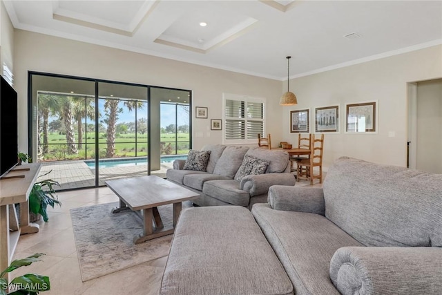 tiled living room featuring crown molding, coffered ceiling, beam ceiling, and a towering ceiling